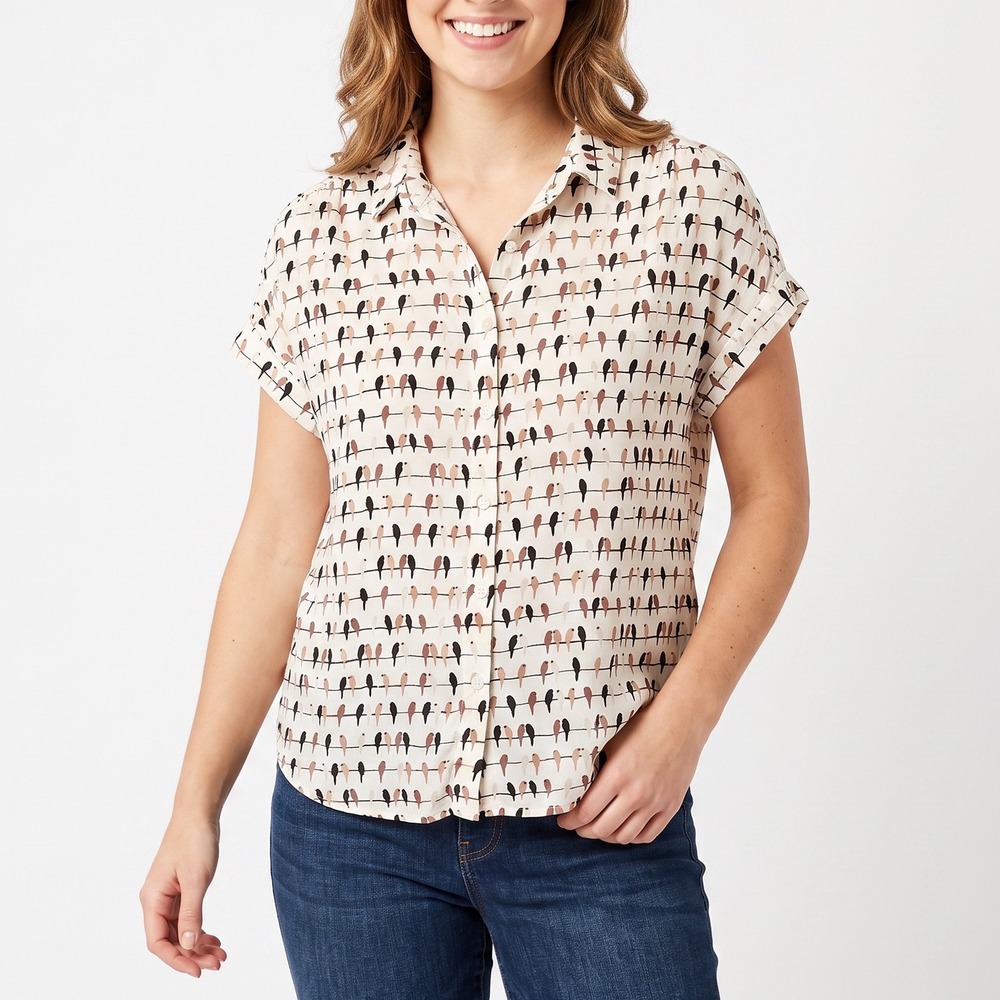 Jane + Delancey Button-Down Womens L Bird Print Multicolor Short Sleeve